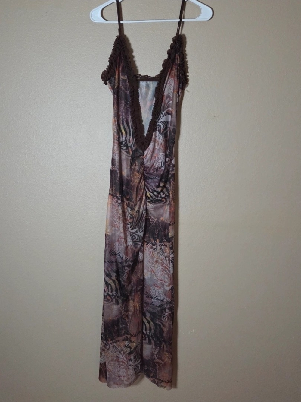 Brown Printed V-Neck Spaghetti Strap Maxi Dress